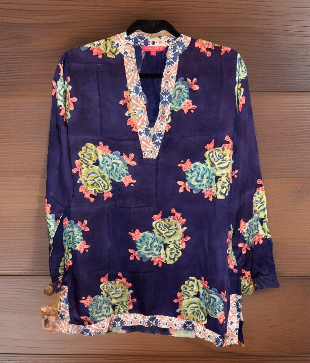 Lisa Corti Milano Tunic Made In India Viscose Block Print Blouse Top Sz S NWOT